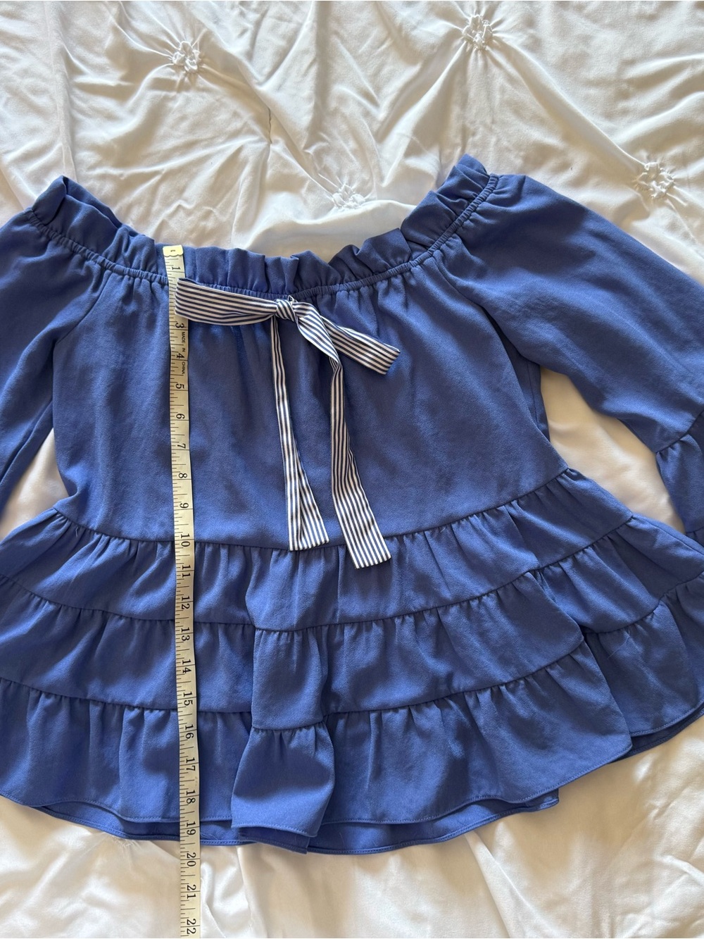 Women English Factory Blue Off-Shoulder Ruffle Blouse with Striped Bow